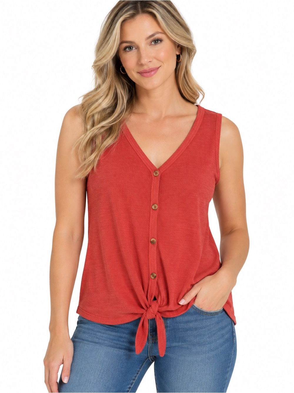 New Direction new coral Tie-Front Button V-Neck Tank - 1067